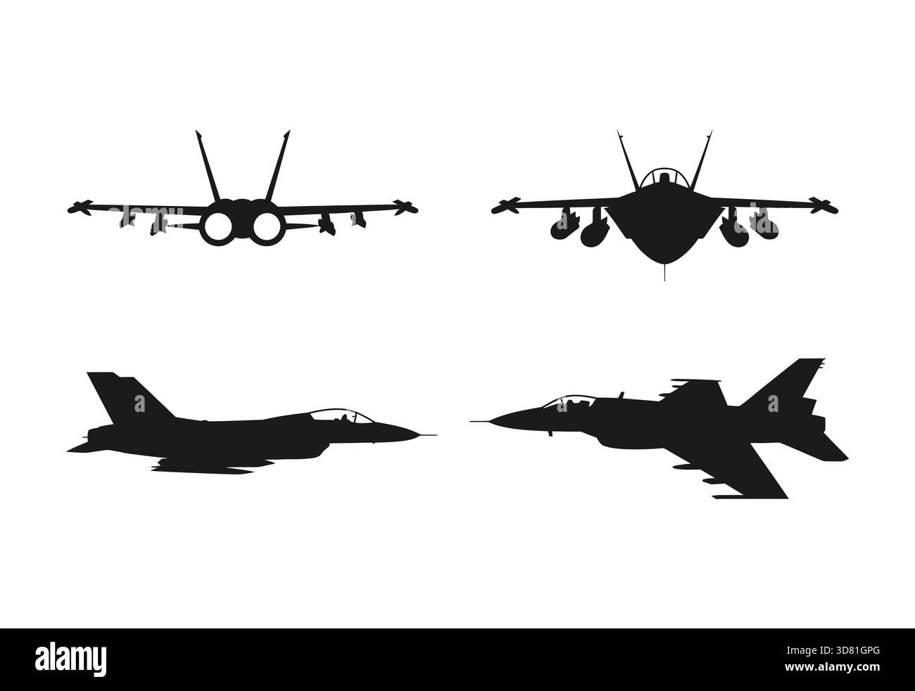 Sagome di quattro diversi jet da caccia in volo Illustrazione Vettoriale