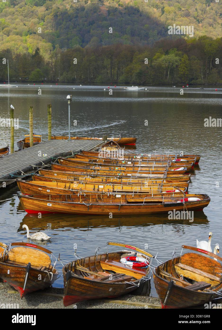 Barche in fila sul molo Foto Stock