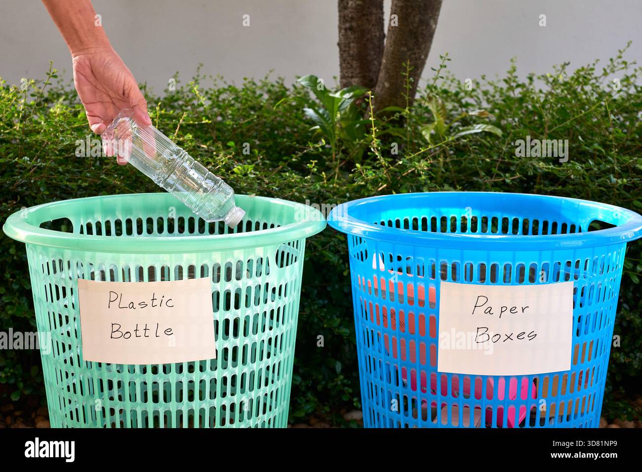 Una persona fa cadere una bottiglia di plastica in un cestello verde etichettato bottiglia di plastica mentre un cestello blu contrassegnato da scatole di carta si trova nelle vicinanze. Questa scena viene evidenziata Foto Stock