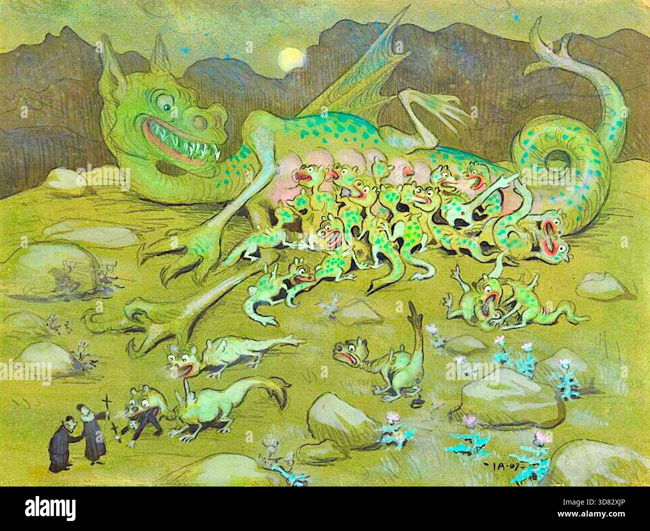 Ivar Arosenius - poteri del male - 1907 - l'opera è una personificazione del male. Raffigura un drago con i suoi molti giovani in un paesaggio arido sotto una luna verde pallida. I giovani draghi vengono mostrati mentre esplorano l'ambiente circostante, con uno che morde persino un chierico vestito di nero in basso a sinistra nell'immagine. Foto Stock