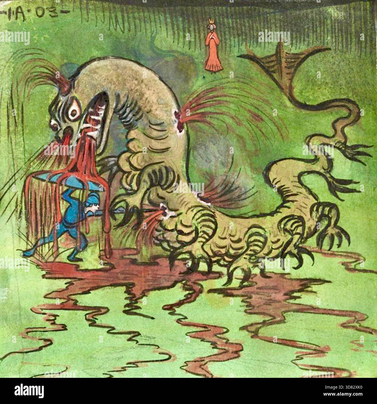 Ivar Arosenius - San Giorgio e il Drago - c1903 - raffigura la leggendaria battaglia tra San Giorgio (San Goran) e un drago in modo stilizzato, un po' cartoni animati. La scena si svolge in un paesaggio verde con quella che sembra essere acqua o una pozza di sangue che riflette le figure in primo piano. Lo stile utilizza contorni spessi e colori vivaci, caratteristici del lavoro di Arosenius. Foto Stock