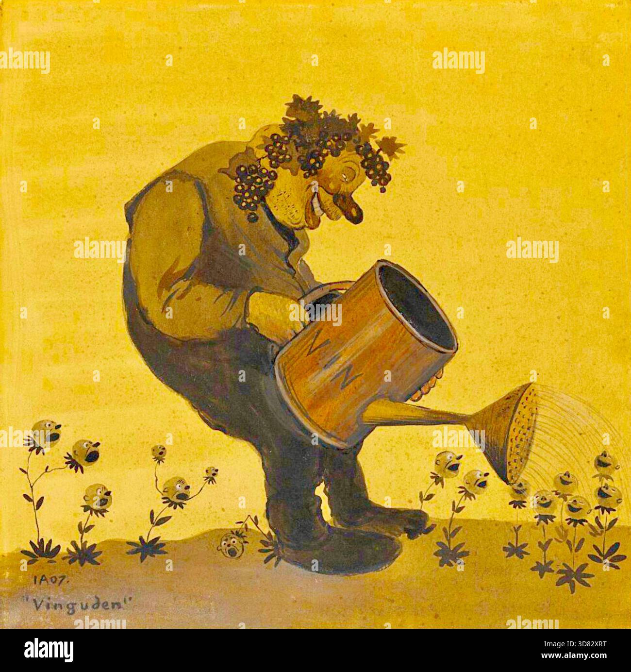 Ivar Arosenius - il Dio del vino - 1923 - il dipinto raffigura una grande figura umana con una corona d'uva nei capelli, spesso interpretata come Bacco o Dioniso, il dio romano/greco del vino e della rivelazione. Il personaggio è piegato, versando il liquido da una grande bomboletta di irrigazione su piccole figure con gli occhi larghi o piante nel terreno. Le piccole creature sembrano reagire con un mix di sorpresa e gioia a differenza di quelle a sinistra del ritratto. Arosenio era noto per il suo stile idiosincratico che mescolava fantasia, umorismo acuto, innocenza e decadenza, spesso usando motivi mitologici o fiabeschi. Foto Stock