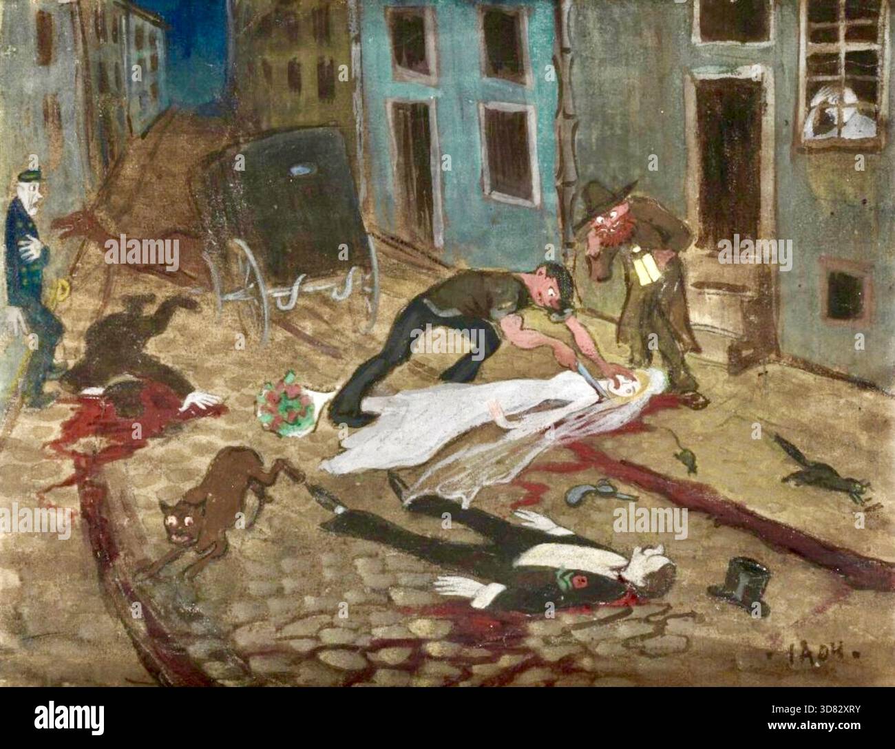 Ivar Arosenius - Una spaventosa scena notturna- (1904) - raffigura una caotica scena urbana, probabilmente un crimine o un incubo, in uno stile grezzo ed espressivo. Il dipinto illustra le conseguenze di un violento attacco a quella che sembra essere una festa di nozze. Gli elementi chiave includono: Un uomo con un cappello e una donna con un abito da sposa e un velo sono sdraiati sul terreno addossato di sangue. Un uomo al centro si appoggia sulla donna con un coltello, e un altro uomo con un cappello marrone si trova nelle vicinanze. Un osservatore, vestito con una tuta blu e un cappello da bowler, si trova a sinistra, la scena si svolge in un vicolo stretto di notte. Foto Stock