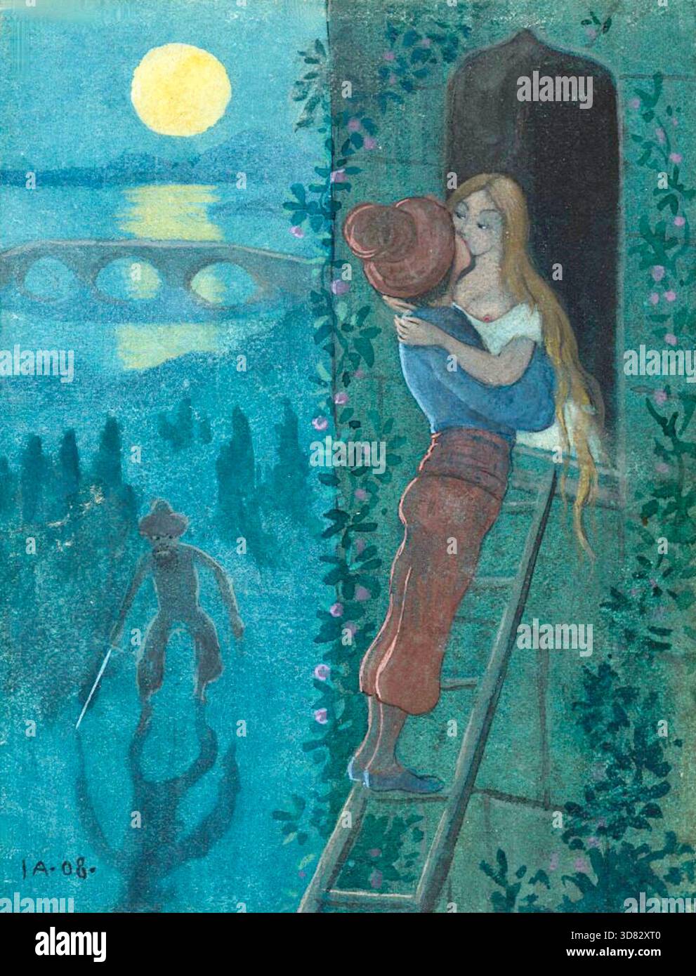 Ivar Arosenius - Romantik - il dipinto raffigura una scena notturna stravagante con una tavolozza dominante di colori blu e verde acqua. Una coppia si sta abbracciando con passione da una finestra aperta. L'uomo sta su una scala, avvicinandosi alla donna che si sporge dalla finestra. La donna ha lunghi capelli biondi e indossa un top bianco, mentre l'uomo è vestito con un top blu e pantaloni color arancio-rossastro. L'opera ha una qualità onirica e illustrativa, caratteristica dello stile di Arosenius, che fonde elementi romantici con un sottofondo leggermente fantasioso o malinconico. Foto Stock