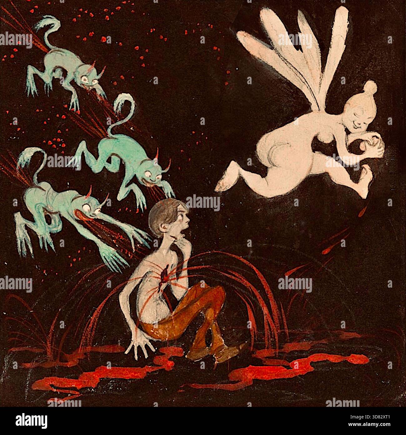 Ivar Arosenius - il cuore spezzato - Autoritratto - 1901-1906 - raffigura l'artista con una freccia che gli perfora il cuore, da cui il sangue scorre in una piscina ai suoi piedi, suggerendo un intenso dolore emotivo o lotta personale. La figura è circondata da piccole e impietose creature e da una figura femminile fluttuante, alata, che aggiunge una qualità surreale e simbolica alla scena. L'opera è una potente metafora visiva della sofferenza, che sottolinea la vulnerabilità e lo stato emotivo dell'artista. Foto Stock