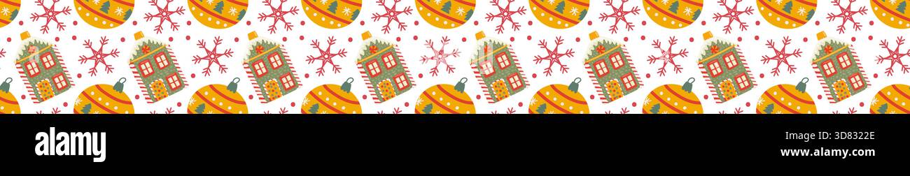 Confine perfetto con case per biscotti natalizi e ornamenti, fiocchi di neve. Motivo natalizio isolato con elementi natalizi, nastro per regali natalizi. Illustrazione Vettoriale