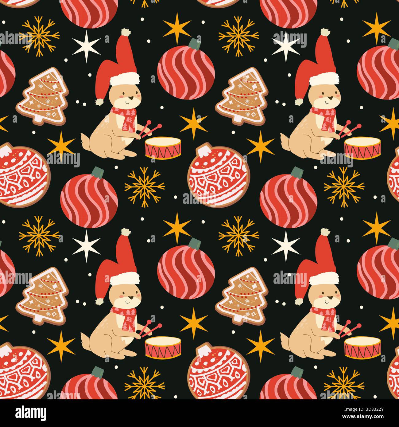 Schema natalizio con animale della foresta nel cappello di babbo natale. Design elegante con elementi natalizi, baule e fiocchi di neve. Simpatico coniglietto con batteria in cartone animato fl Illustrazione Vettoriale
