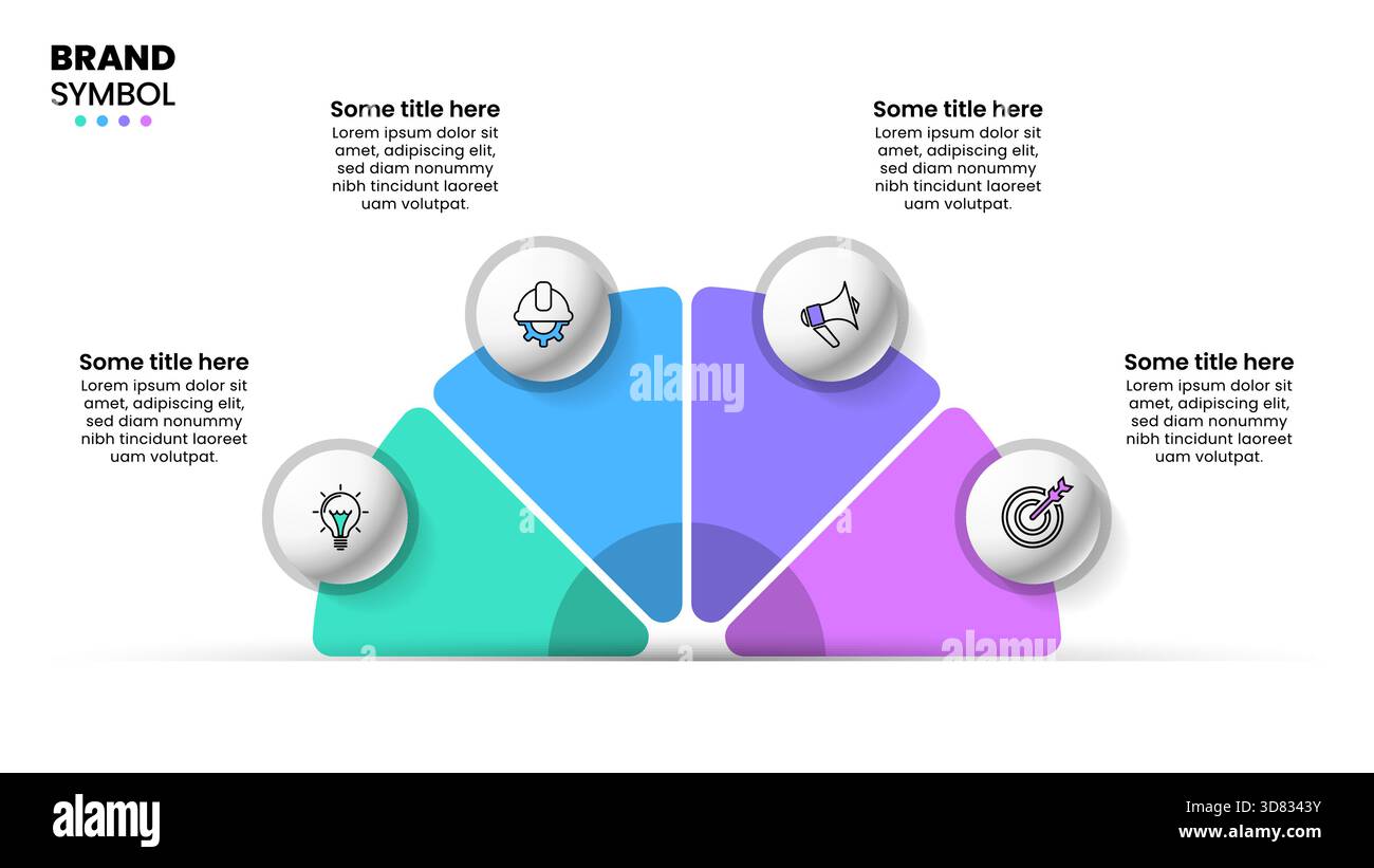 Modello infografico con icone e 4 opzioni o passaggi. Semicerchio. Può essere utilizzato per il layout del flusso di lavoro, il diagramma, il banner, il webdesign. Illustrazione vettoriale Illustrazione Vettoriale