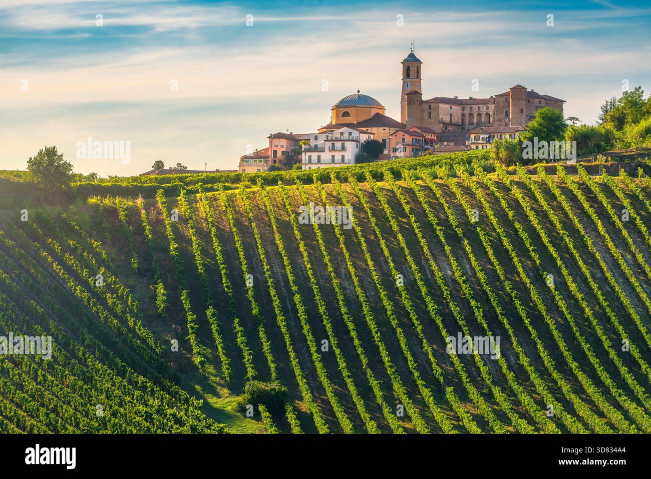 Veduta del paese di Montegrosso d'Asti, Piemonte, che coronava una collina sopra ripidi vigneti a strisce. Lo skyline del villaggio è dominato da un churc Foto Stock