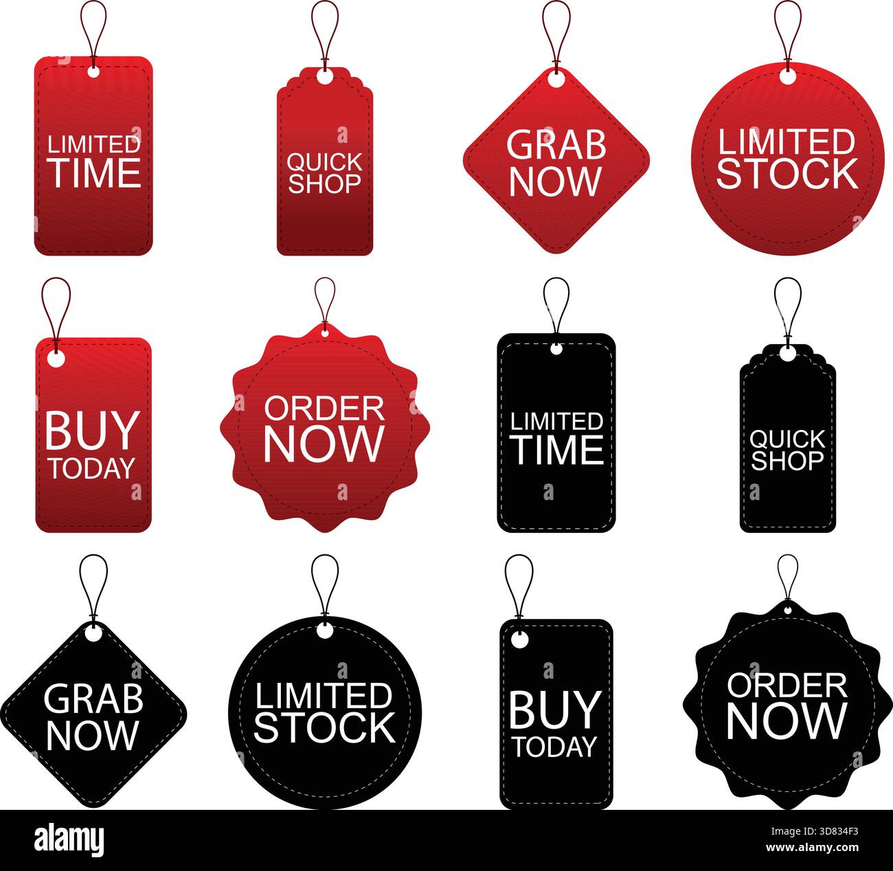 Set di etichette rosse e nere che visualizzano un tempo limitato, Quick Shop, Prendi ora, scorte limitate, Acquista oggi, e ordinate ora Illustrazione Vettoriale