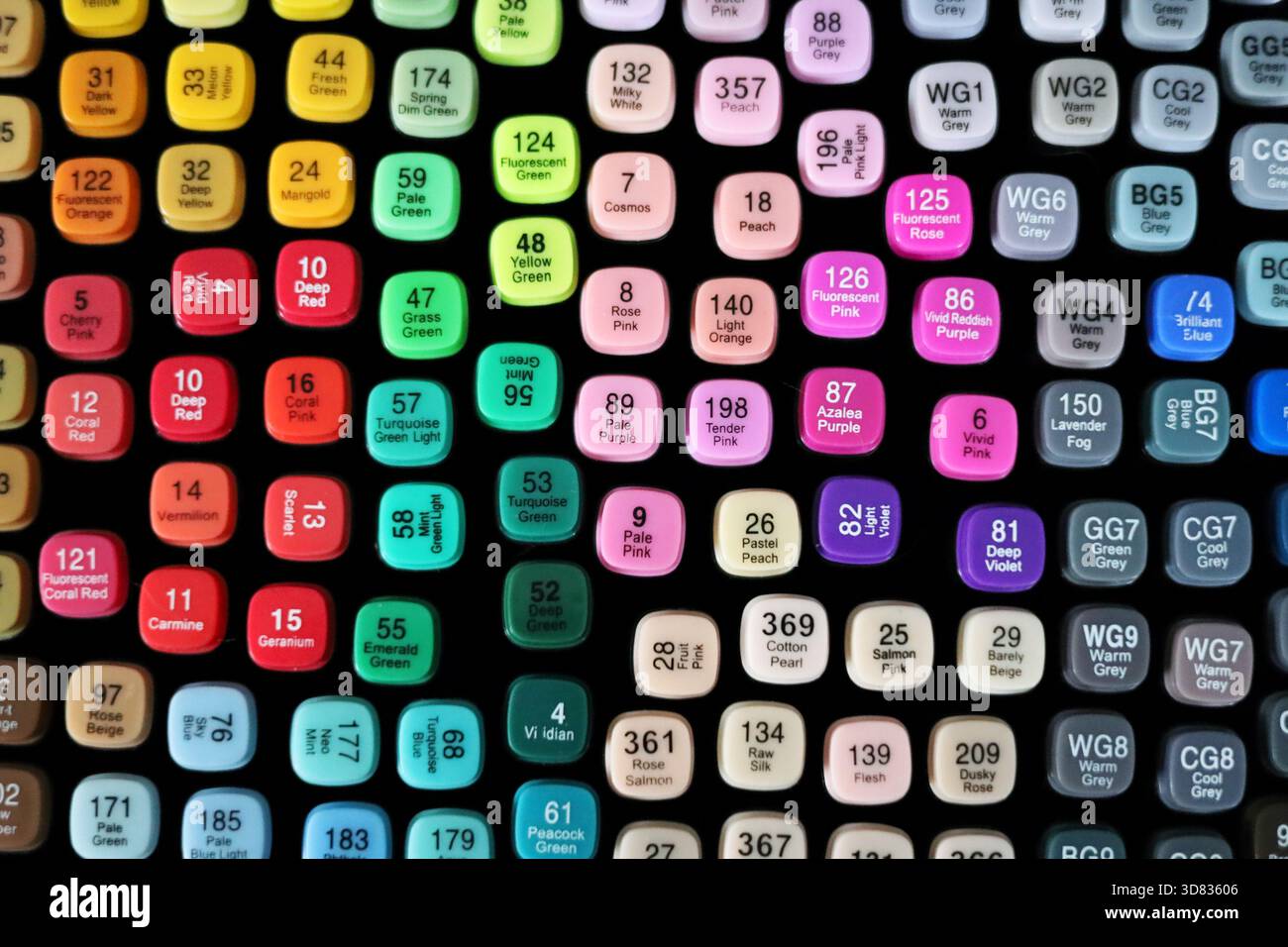 Vista dall'alto di molti marcatori artistici colorati con nomi di colori diversi sui coperchi Foto Stock