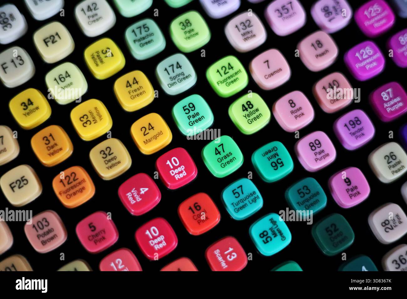 Vista dall'alto di molti marcatori artistici colorati con nomi di colori diversi sui coperchi Foto Stock