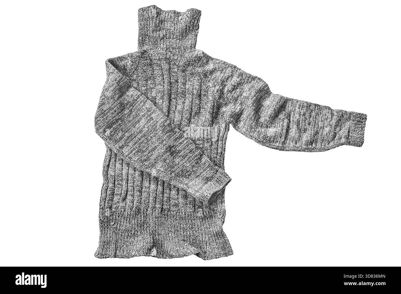 Maglione in lana melange grigio realizzato a mano isolato su sfondo bianco Foto Stock