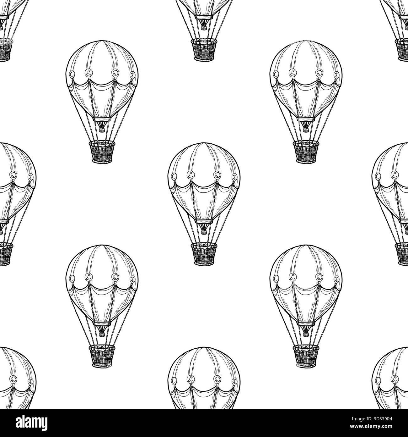 Palloncino con cestello in vimini, schizzo in bianco e nero. Illustrazione vettoriale. Motivo senza cuciture con motivo geometrico del giocattolo di un bambino, isolato su un bianco Illustrazione Vettoriale