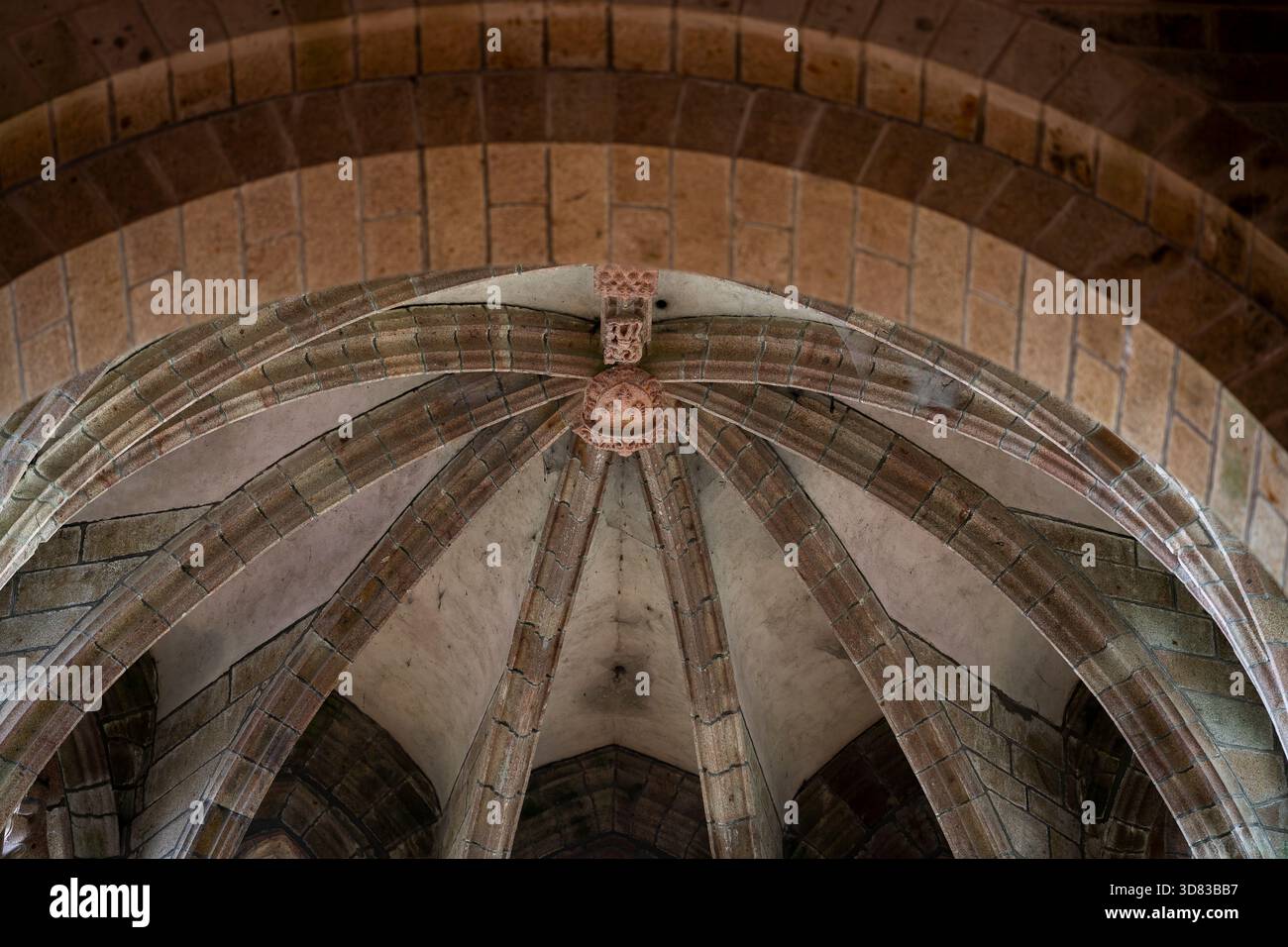 Volte gotiche a costine con dettagli in pietra all'interno dell'abbazia di Mont Saint-Michel. Intricata architettura gotica a soffitto con costole di pietra intersecanti. Foto Stock