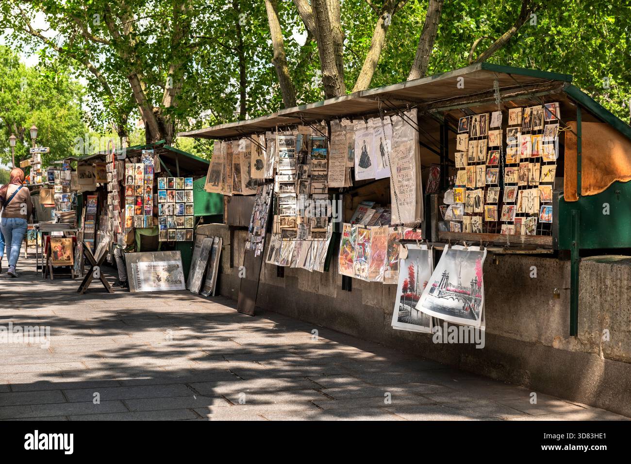 Vendita di libri d'antiquariato e cartoline lungo la Senna in Francia a Parigi Foto Stock