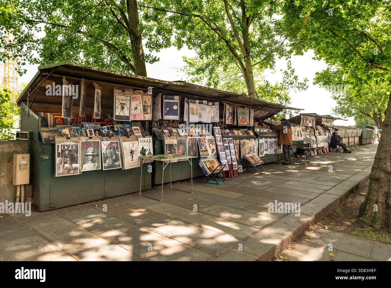 Vendita di libri d'antiquariato e cartoline lungo la Senna in Francia a Parigi Foto Stock