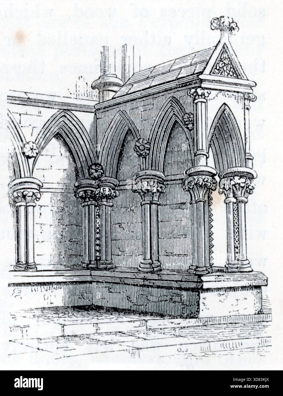 Una struttura gotica simile a un santuario presenta archi a punta, colonne a costine e capitelli ornati con disegni fogliari. Un tetto piastrellato si innalza fino a una croce decorativa. L'incisione cattura l'enfasi verticale e i dettagli espressivi, tipici di 1845 xilografie tratte da glossari architettonici. Da una raccolta di xilografie pubblicata nella quarta edizione (ampliata) di Un Glossario dei termini utilizzato in architettura greca, romana, italiana e gotica, pubblicato nel 1845. In alcuni casi le pagine hanno avuto una certa flessione moderata, che può essere visibile nelle mie fotografie. Foto Stock