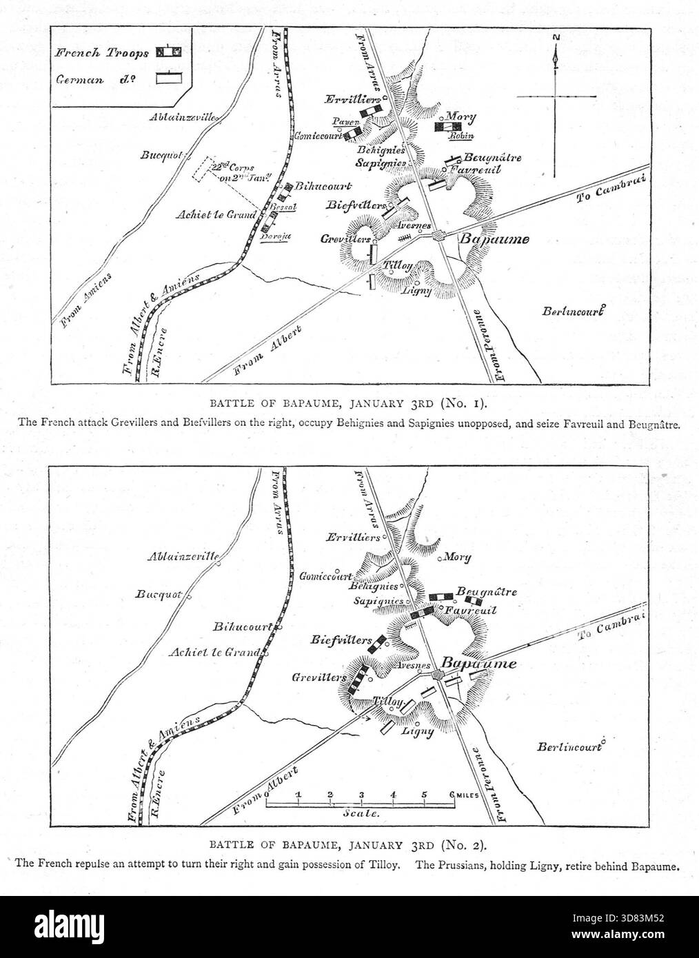 Mappe della battaglia di Bapaume, 3 gennaio 1871, durante la guerra franco-prussiana. Foto Stock