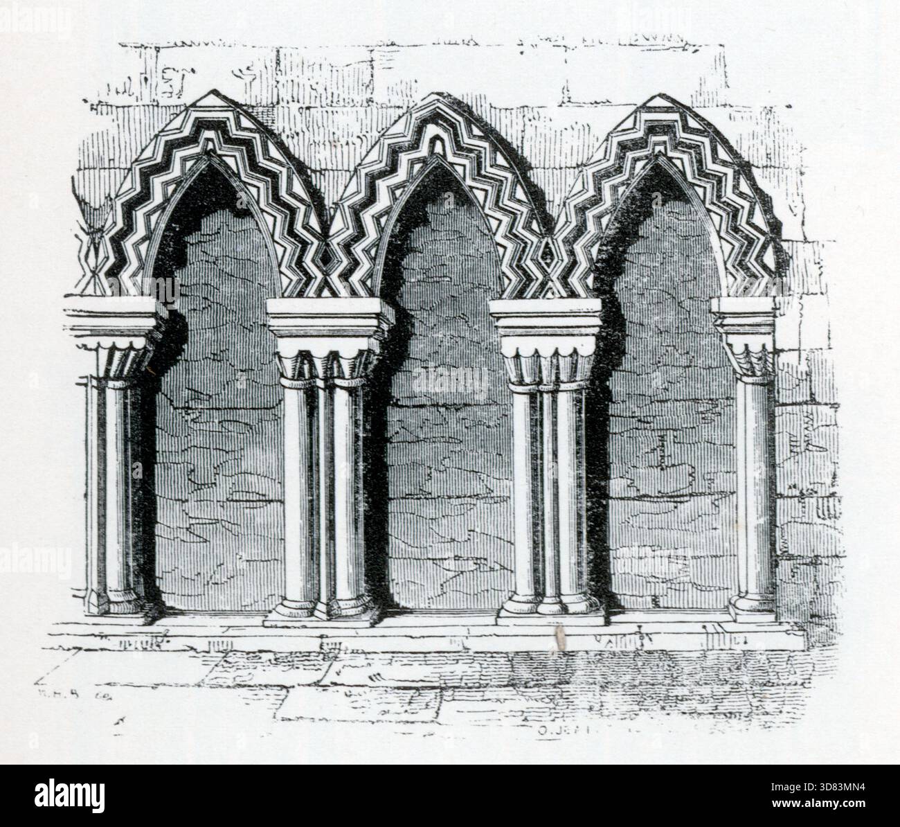 Illustrazione architettonica vittoriana che mostra tre archi a punta decorati con audaci modanature a zigzag, sostenuti da sottili colonne con capitelli e basi intagliati. Il muro di pietra testurizzata dietro rafforza il carattere normanno e l'ornamento ritmico tipico degli studi dell'architettura medievale del XIX secolo. Da una raccolta di xilografie pubblicata nella quarta edizione (ampliata) di Un Glossario dei termini utilizzato in architettura greca, romana, italiana e gotica, pubblicato nel 1845. In alcuni casi le pagine hanno avuto una certa flessione moderata, che può essere visibile nelle mie fotografie. Foto Stock