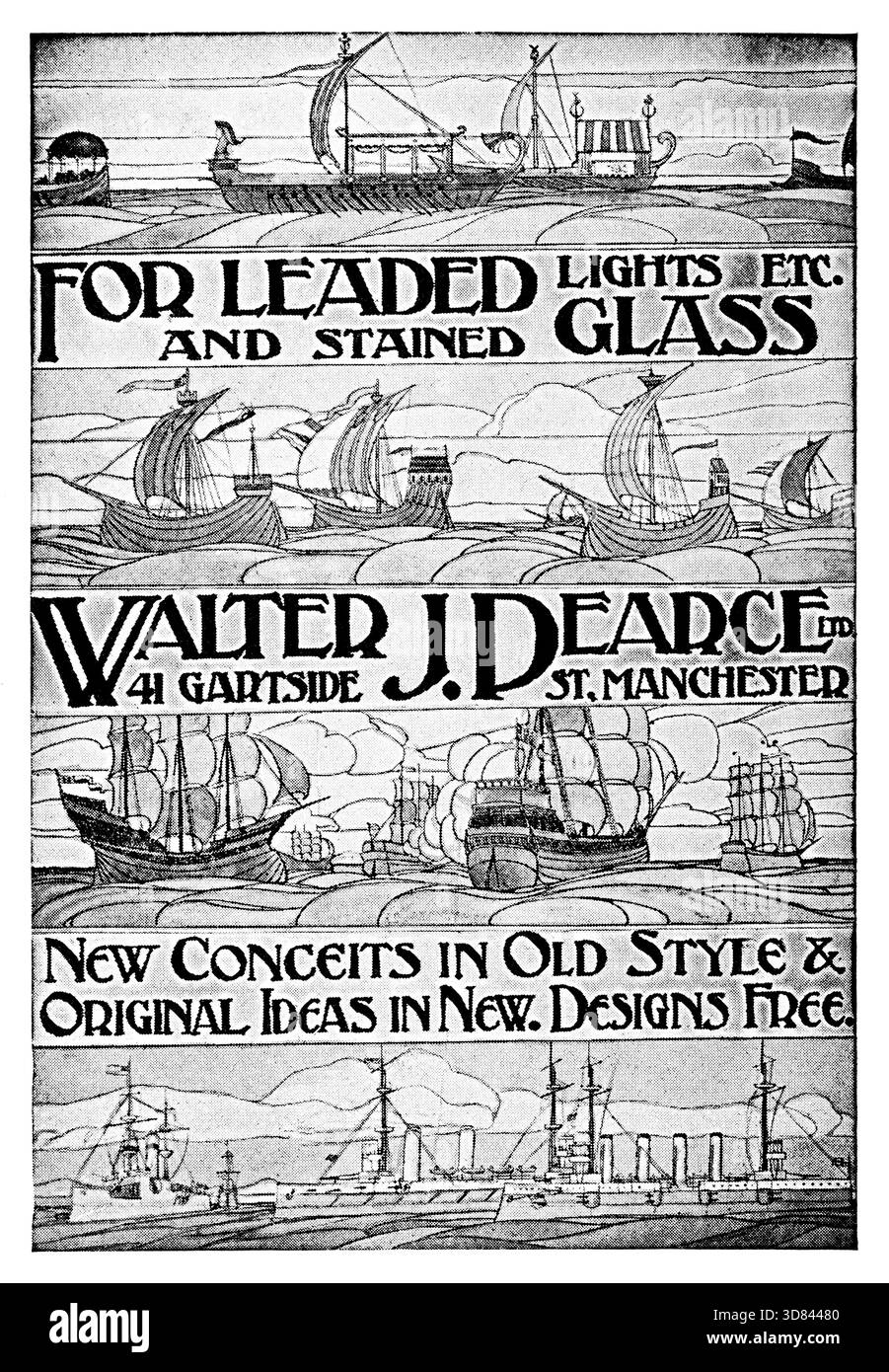 1907 Walter J Pearce, Manchester, Scolored and Leaded Glass Works storia della pubblicità a tema di spedizione dalla rivista The Studio Foto Stock