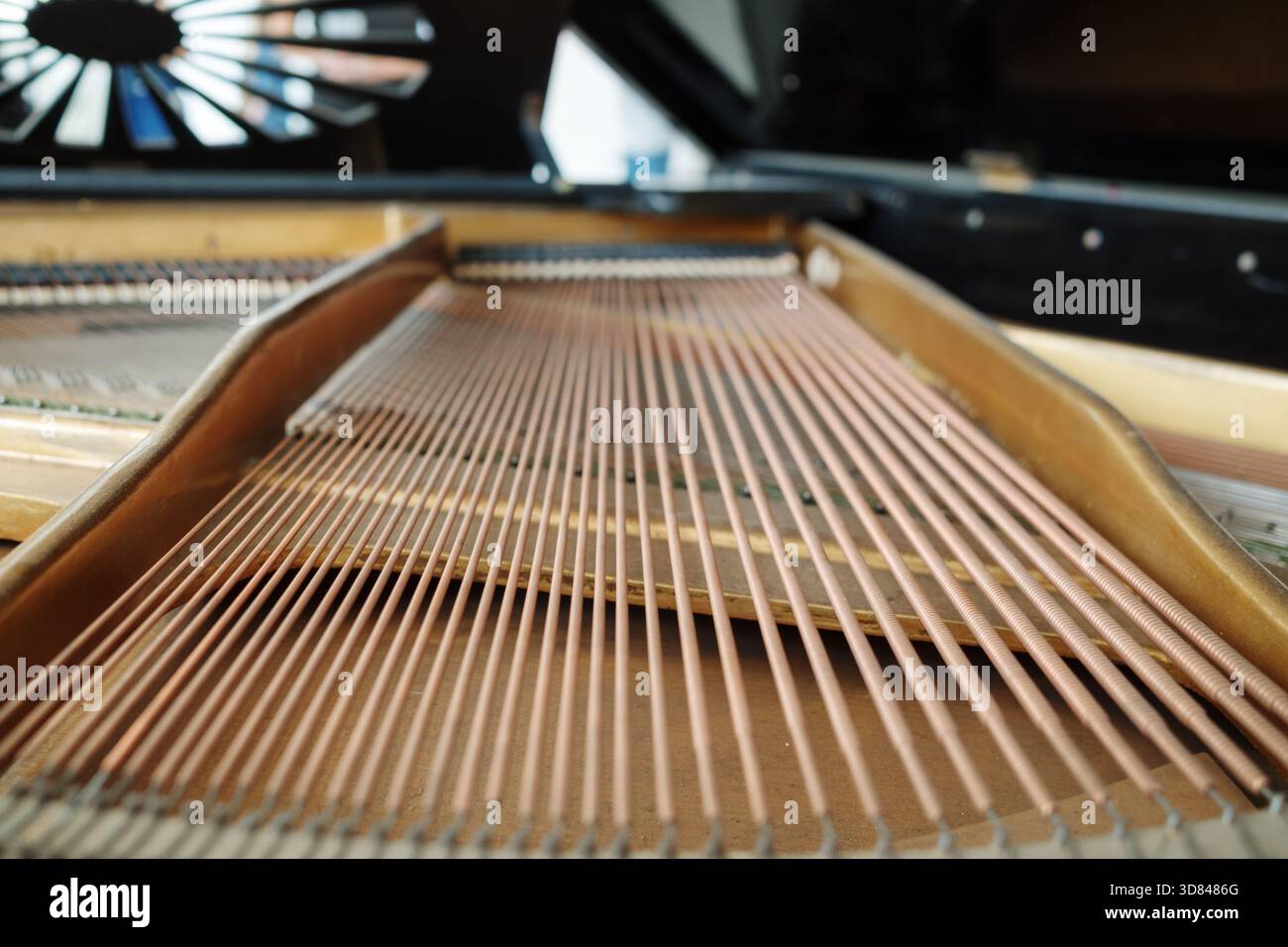 Una vista macro ravvicinata delle corde di basso avvolto in rame all'interno di un pianoforte a coda aperto. La profondità di campo ridotta si concentra sulla struttura del vento metallico Foto Stock
