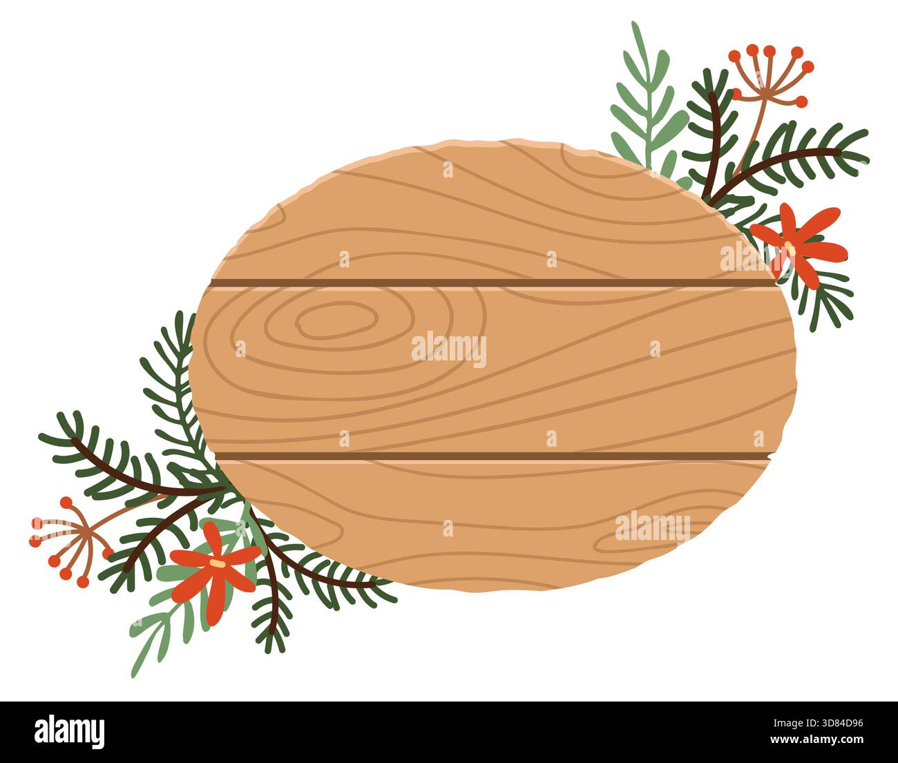 Cartelli natalizi con decorazioni per l'inverno. Insegna ovale in legno in stile piatto Illustrazione Vettoriale