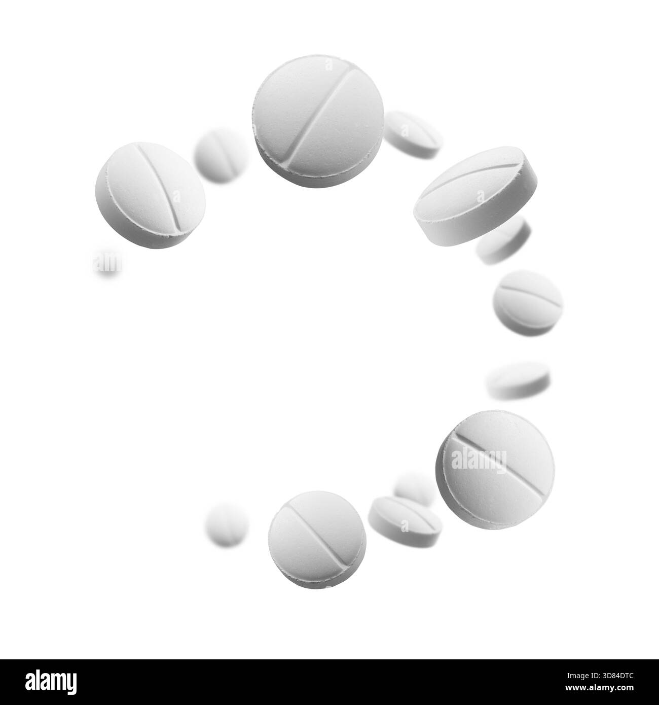 Le compresse rotonde bianche si levitano su sfondo bianco. Foto Stock