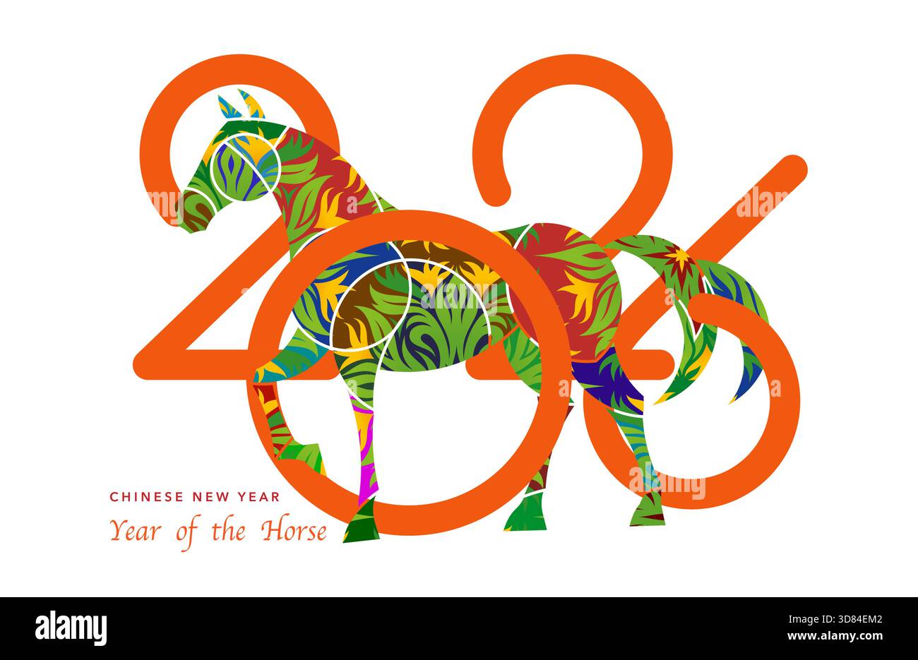 Capodanno cinese 2026, sfondo bianco. L'anno del cavallo. Decorazioni floreali colorate di arte moderna vettoriale per copertina, cartoncino, poster Illustrazione Vettoriale