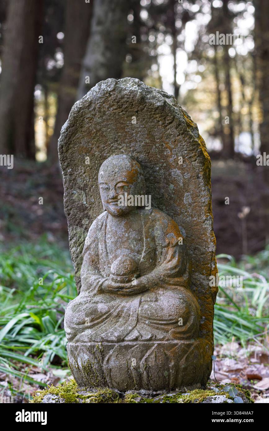 Piccola placca scultorea del Buddha Gautama ricoperta di licheni, tempio Saigandenji nel piccolo villaggio di Aso Kumamoto, in Giappone Foto Stock