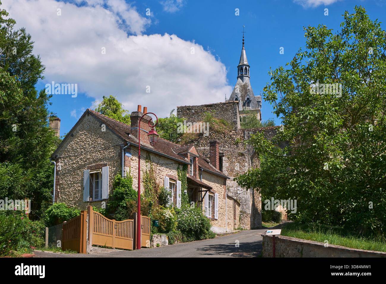 Francia, Loiret, Chateau Renard, rue du Chateau e la chiesa di Saint Etienne sullo sfondo Foto Stock
