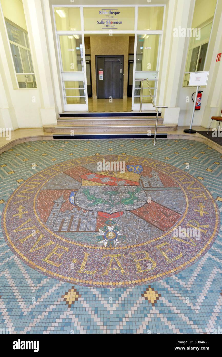 Francia, Meurthe et Moselle, Nancy, mosaico realizzato dalla Maison Dececco nella sala d'ingresso della Bibliotheque Universitaire de Droit et Sciences Economiques de Nancy (biblioteca dell'Università di diritto ed economia di Nancy) in stile Art Deco costruito tra il 1932 e il 1939 dagli architetti Alfred Thomas e Jean Frederic Wielhorski con lo stemma dell'Università che rappresenta la Croix de Chevalier de la Legion d'Honneur dato dal presidente della Repubblica Albert Lebrun e la croce di guerra di Marechal Foch, situato Cours Leopold Foto Stock