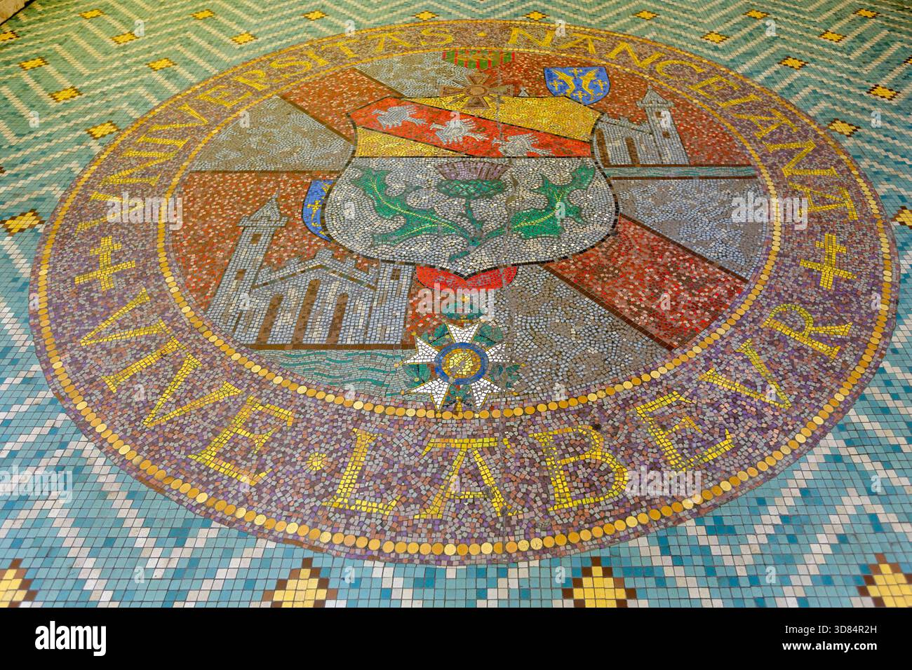 Francia, Meurthe et Moselle, Nancy, mosaico realizzato dalla Maison Dececco nella sala d'ingresso della Bibliotheque Universitaire de Droit et Sciences Economiques de Nancy (biblioteca dell'Università di diritto ed economia di Nancy) in stile Art Deco costruito tra il 1932 e il 1939 dagli architetti Alfred Thomas e Jean Frederic Wielhorski con lo stemma dell'Università che rappresenta la Croix de Chevalier de la Legion d'Honneur dato dal presidente della Repubblica Albert Lebrun e la croce di guerra di Marechal Foch, situato Cours Leopold Foto Stock