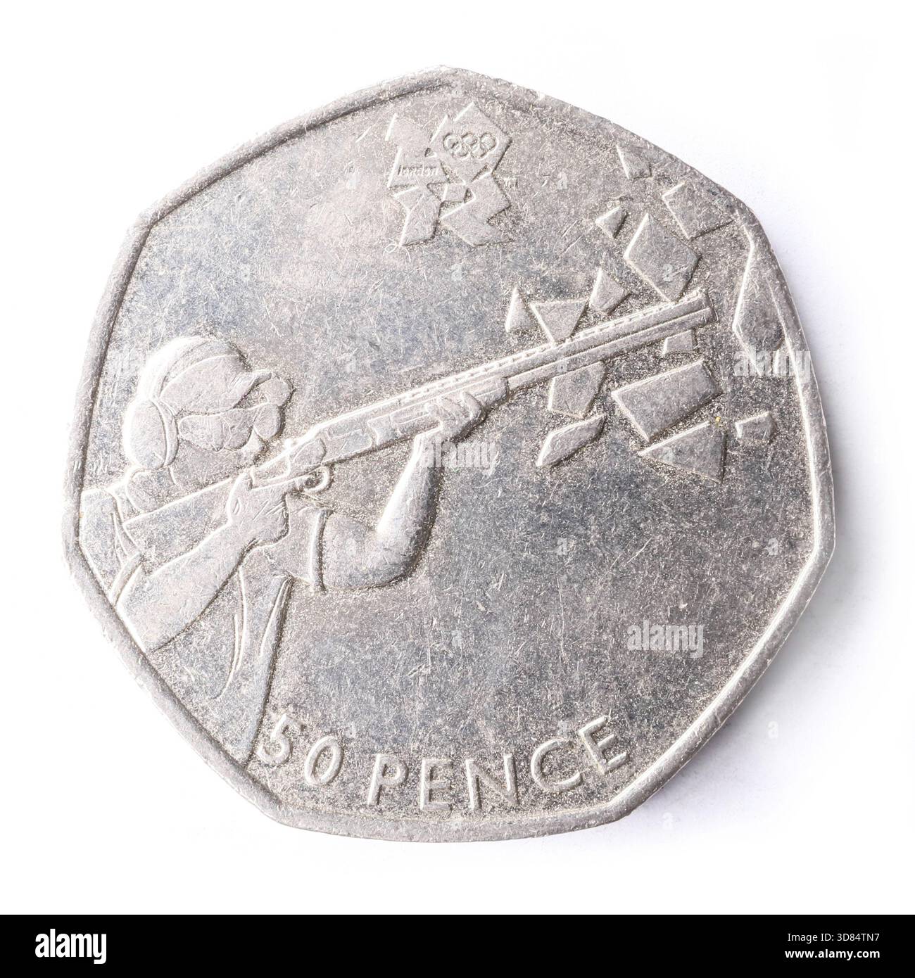 Moneta da 50 pence con il disegno di tiro della collezione dei Giochi Olimpici di Londra 2012. Foto Stock