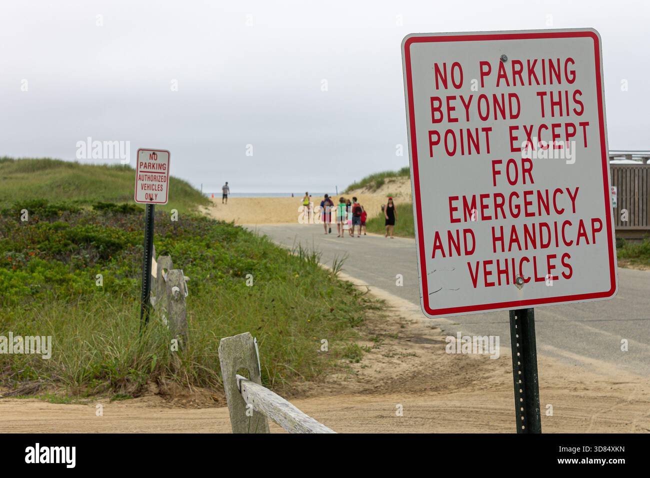 Edgartown, Massachusetts. Strada per South Beach con cartelli che leggono nessun parcheggio oltre questo punto tranne per i veicoli di emergenza e per disabili e nessun parcheggio Foto Stock
