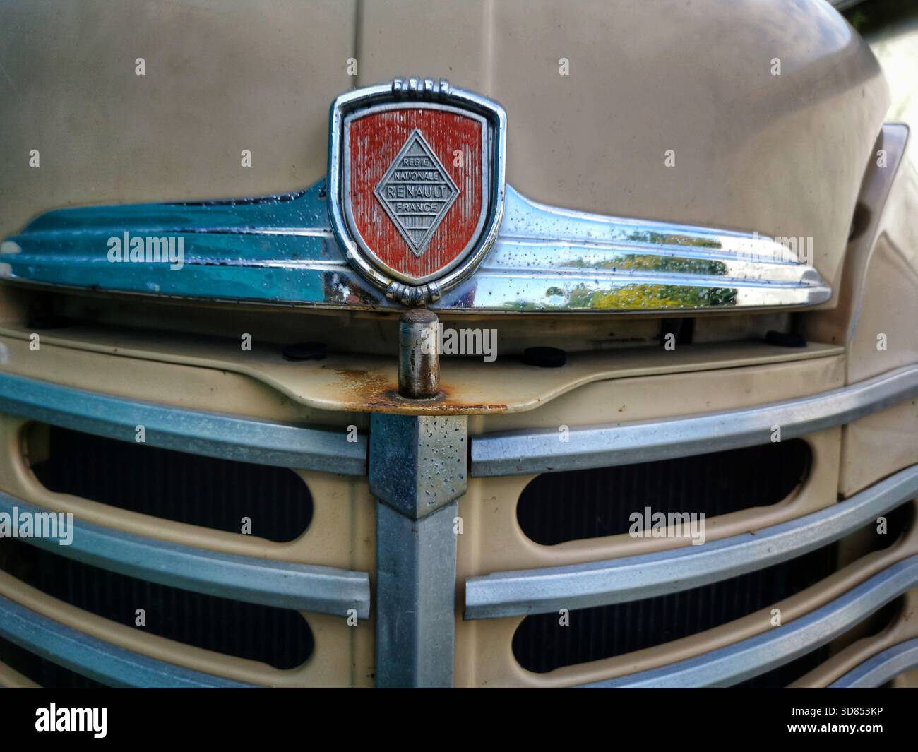 Questo mostra la griglia e il cofano di una vecchia automobile Renault. La parte anteriore presenta l'emblema Renault e mostra un po' di ruggine e usura sul veicolo Foto Stock