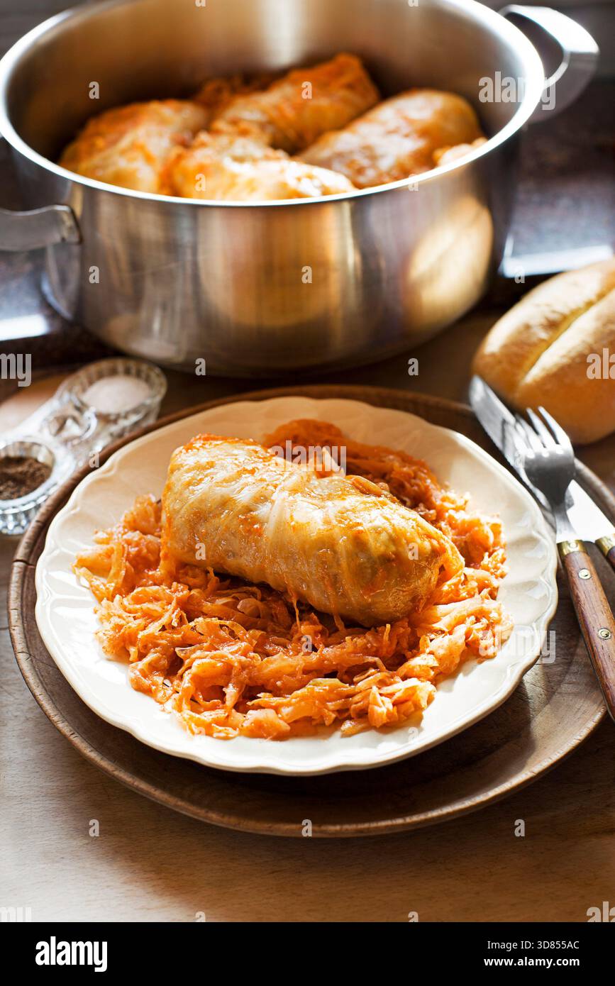 Involtini di cavolo fatti in casa con carne, riso e verdure. Foglie di cavolo ripiene note anche come sarma, golubtsy, dolma Foto Stock