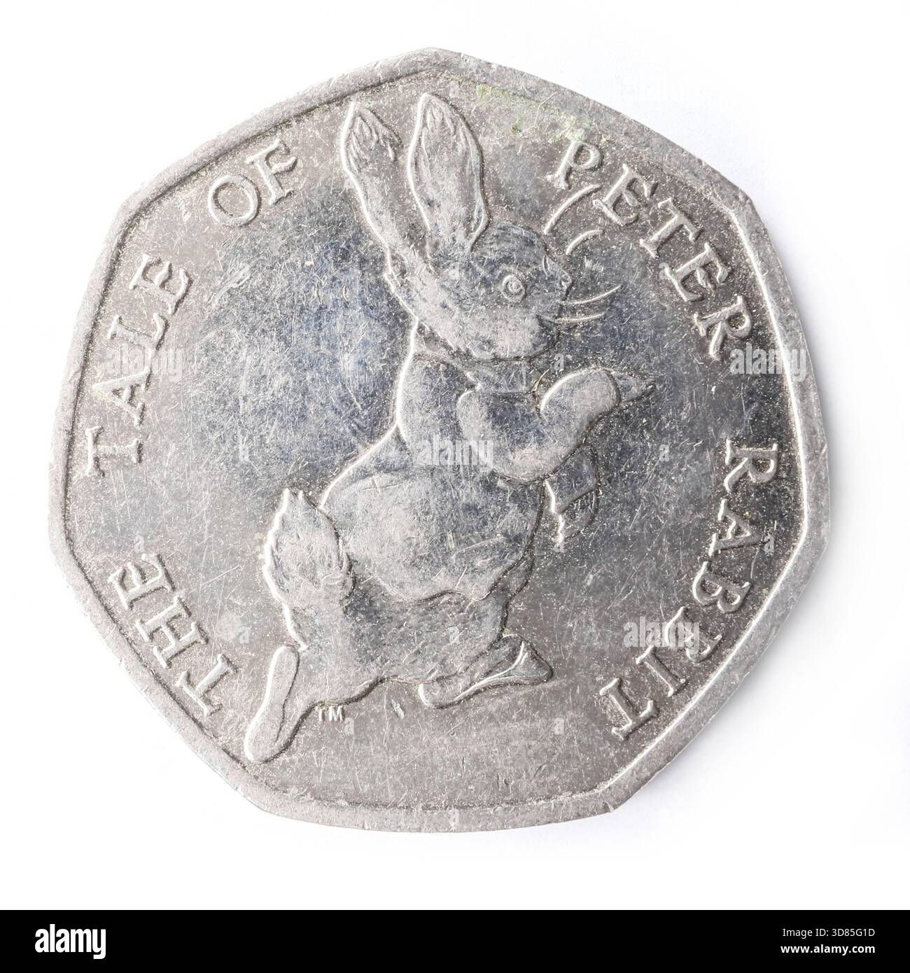 moneta da 50 pence isolata su sfondo bianco. Foto Stock