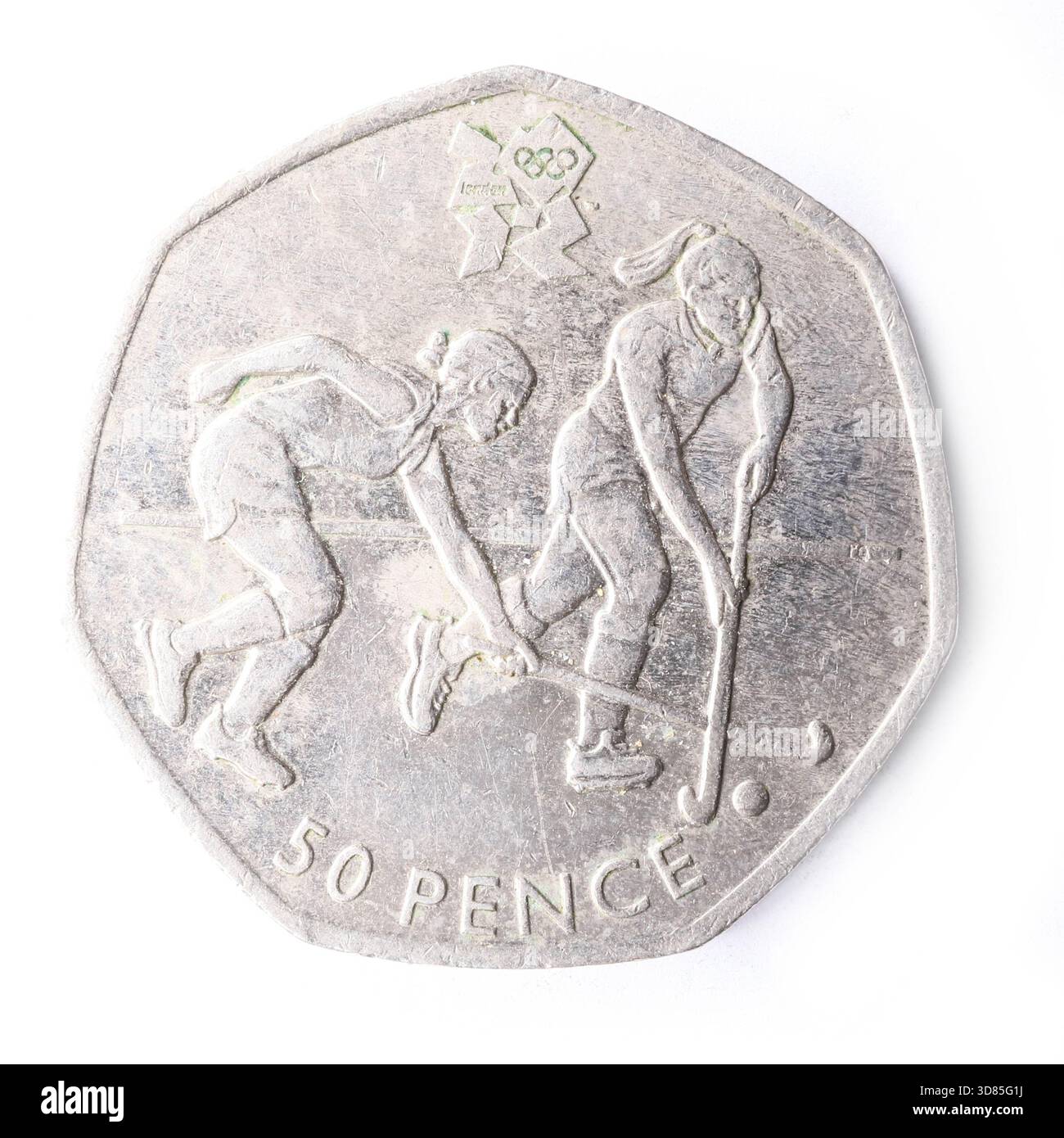 Moneta da hockey olimpica del 2011, moneta da 50 pence, moneta da 50 pence isolata su sfondo bianco. Foto Stock