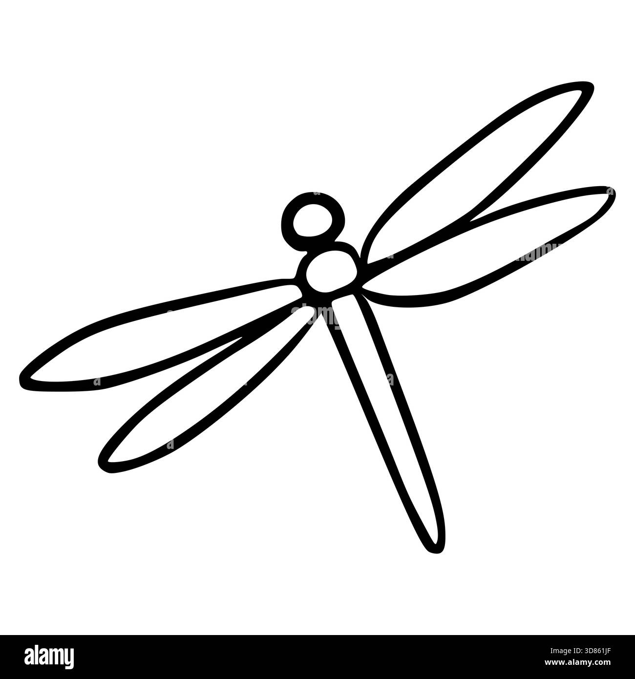 Illustrazione vettoriale minimalista di una libellula con eleganti contorni neri su uno sfondo bianco pulito, che suggerisce semplicità e natura. Illustrazione Vettoriale