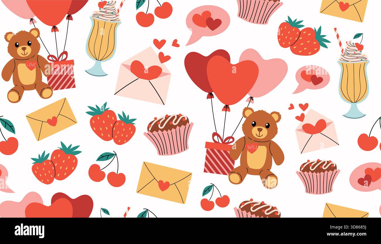 Colorato motivo senza cuciture con elementi di buon San Valentino come frullato, orsacchiotto, scatola regalo con palloncini a cuore, cupcake al cioccolato, fragola Illustrazione Vettoriale