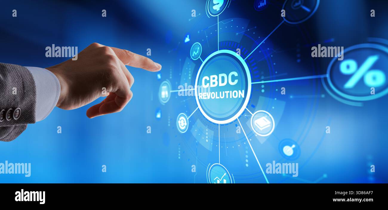 Rivoluzione digitale nelle valute digitali delle banche centrali che trasformano i sistemi finanziari e i pagamenti globali. Foto Stock