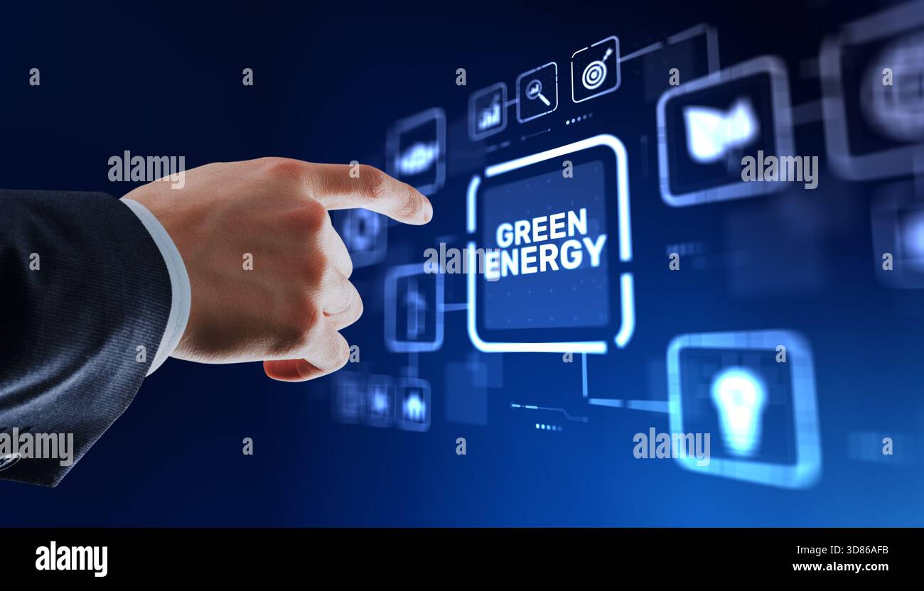 Città moderna alimentata da fonti di energia rinnovabili verdi con tecnologia smart grid. Foto Stock