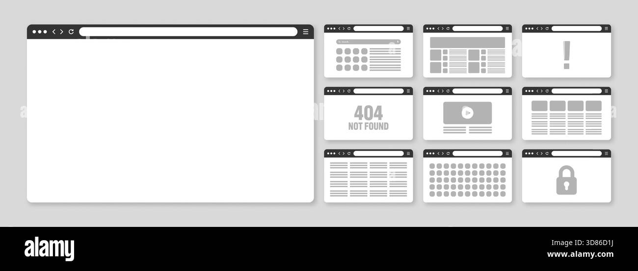 Finestra del browser Web, layout delle pagine con barra degli strumenti e campo di ricerca. Sito web moderno, pagina Internet in stile piatto. Mockup del browser per computer, tablet e. Illustrazione Vettoriale