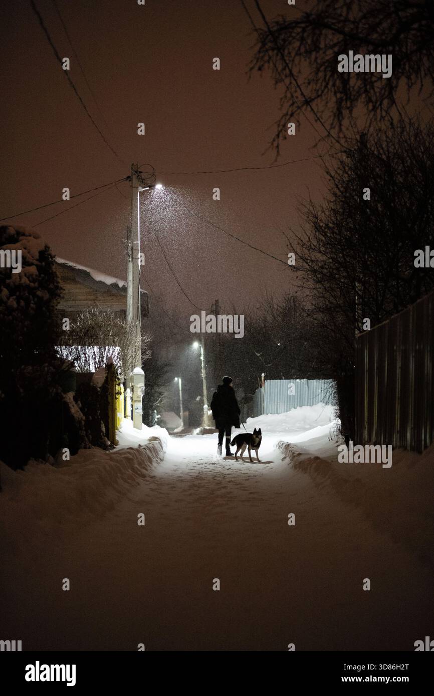 Persona che cammina un cane su una strada innevata del villaggio di notte, illuminata da lampioni. Scena invernale in Russia. Foto Stock