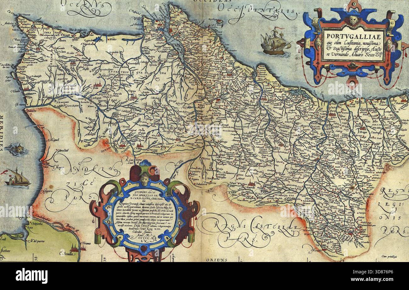 Antica carta del Portogallo, di Abraham Ortelius, circa 1570 Foto Stock