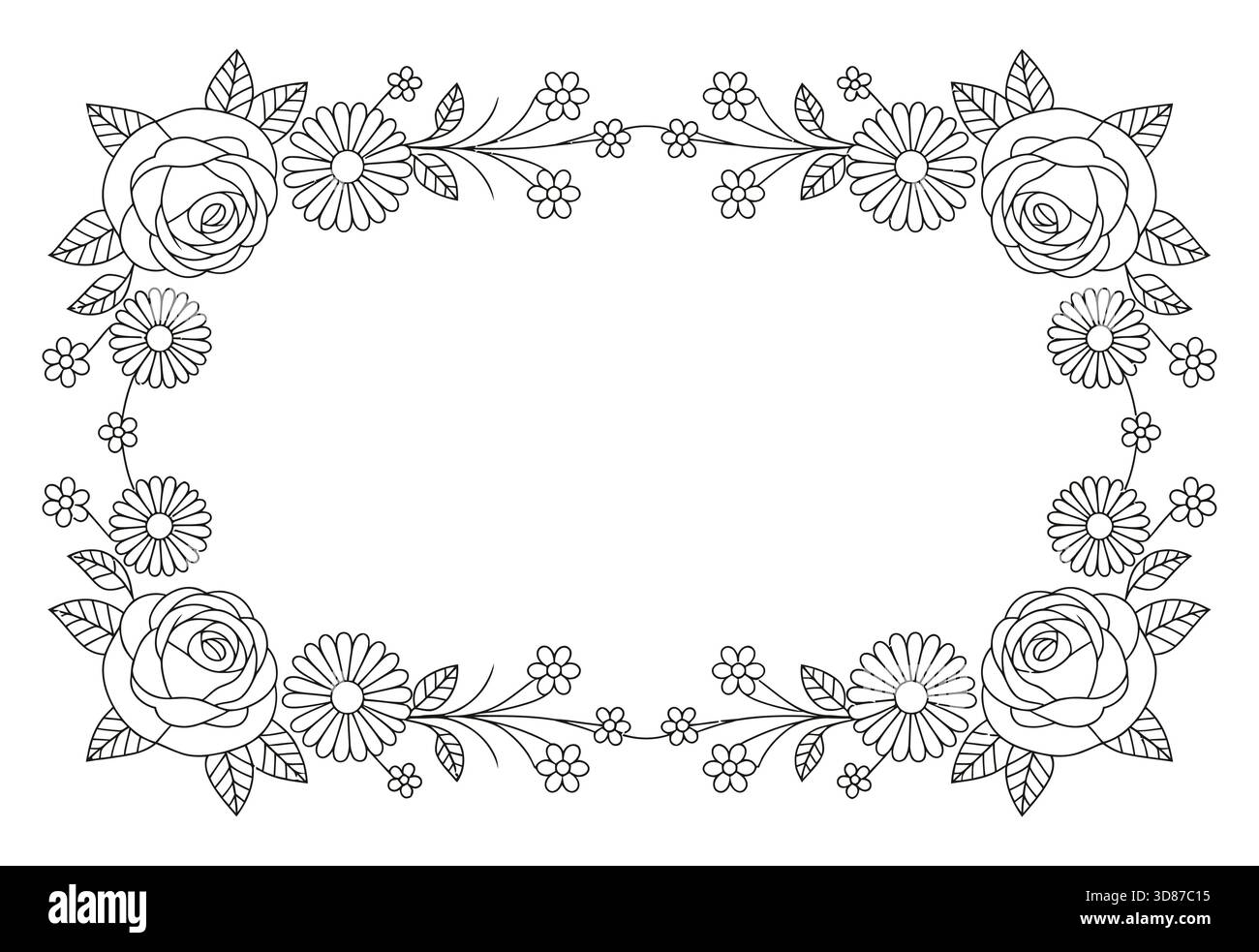 Elegante design con bordi floreali con rose e foglie Illustrazione Vettoriale