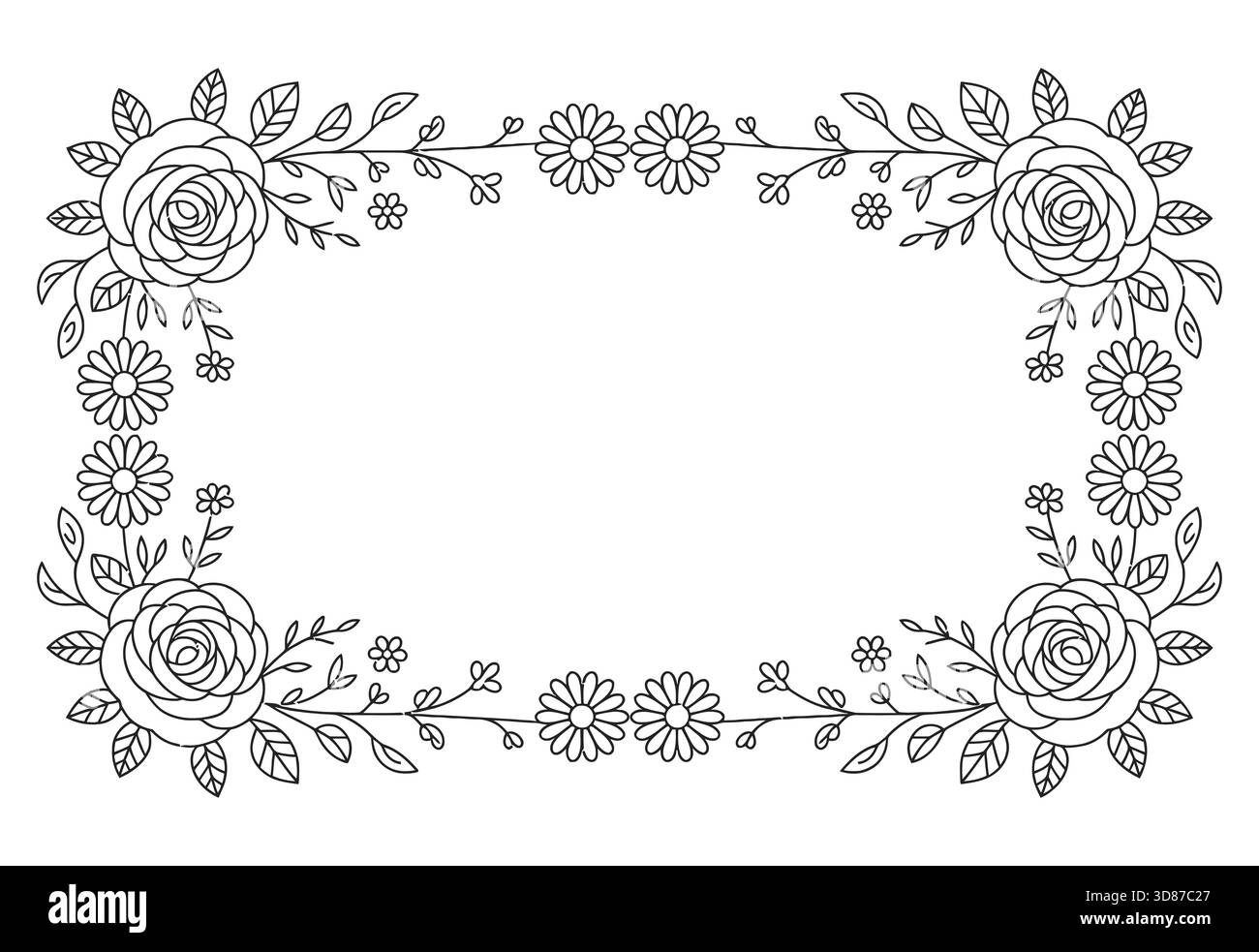 Elegante design con bordi floreali con rose e foglie Illustrazione Vettoriale