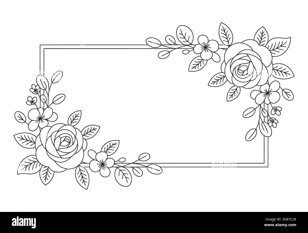 Elegante design con bordi floreali con rose e foglie Illustrazione Vettoriale