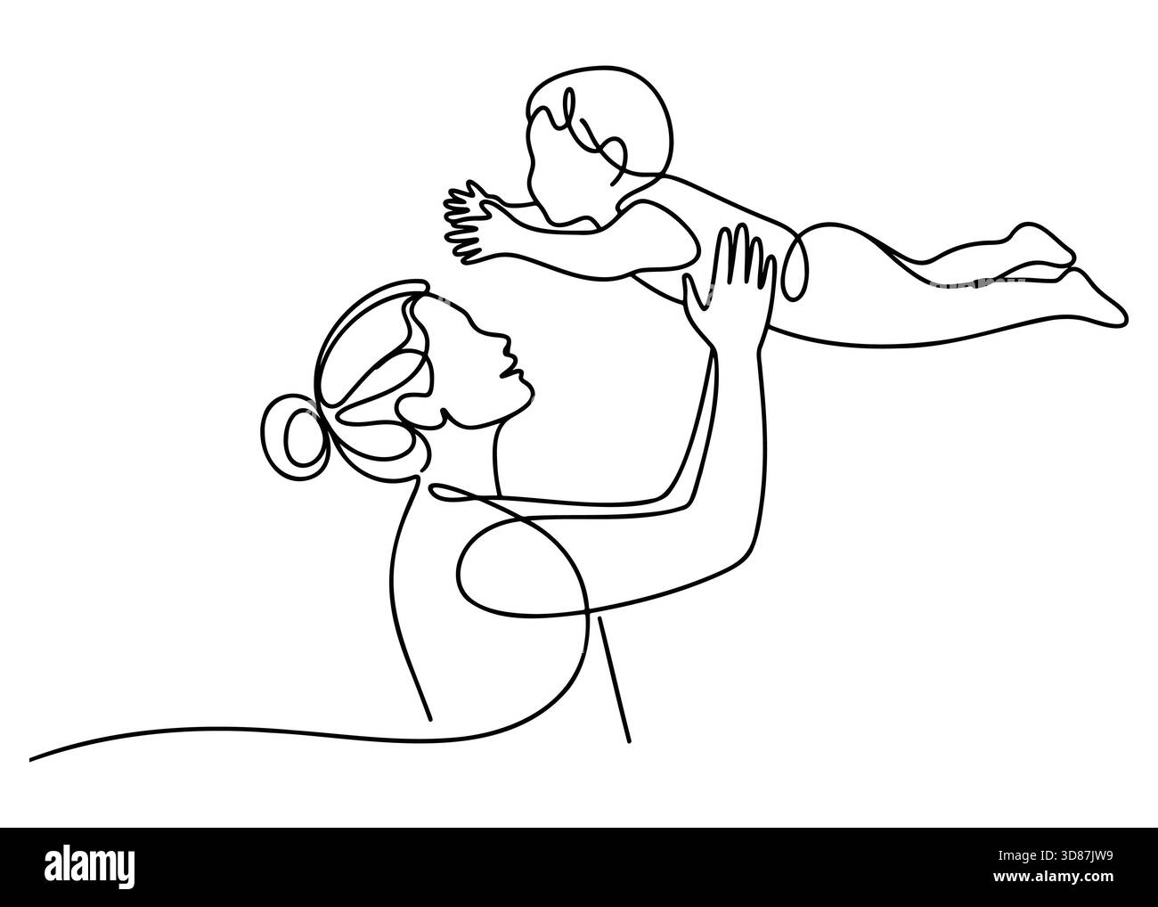 Vettoriale grafico a linea singola madre e figlio astratto, design minimalista che raffigura un momento tenero, disegno continuo per legame genitore e bambino. Illustrazione Vettoriale